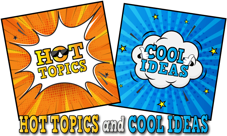 This is the logo for RI's 2021 Statewide Self-Advocacy Conference. It consists of 2 cartoon style boxes. One box has the words "Hot Topics", with the word "hot" wearing a pair of sunglasses. 
The other box has the words "Cool Ideas". The word "cool" has arms coming out of it and hands that are giving a thumbs up. 